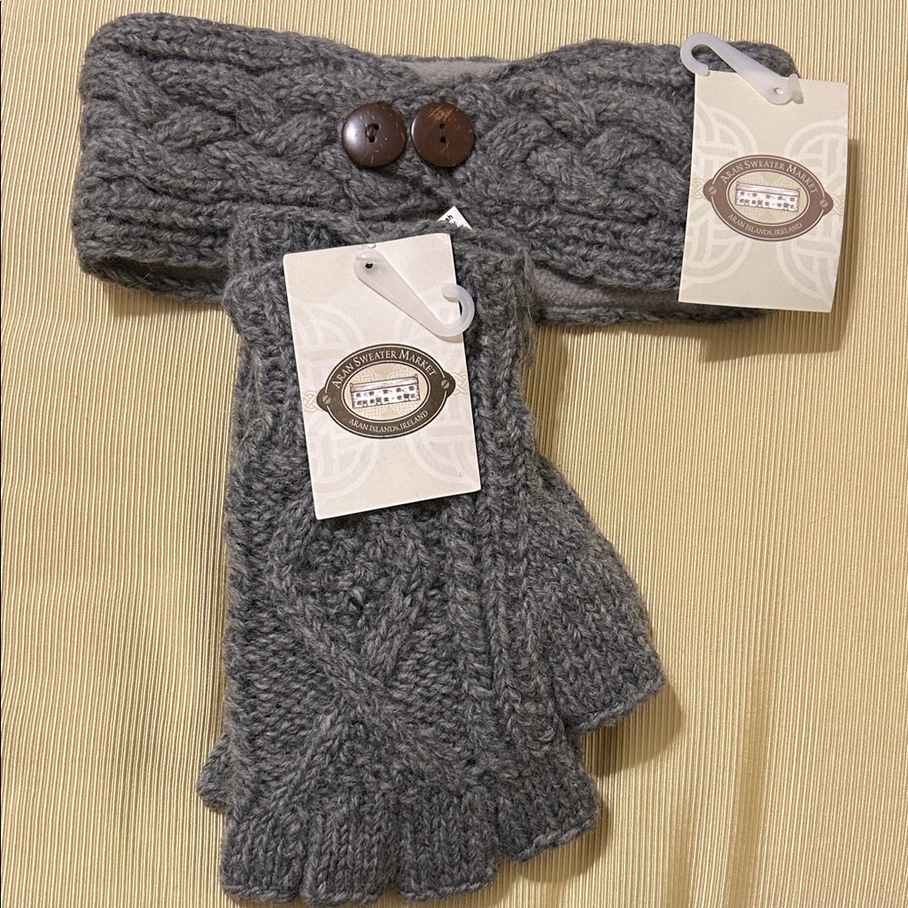 Gray Cable Knit Gloves and Headband Set